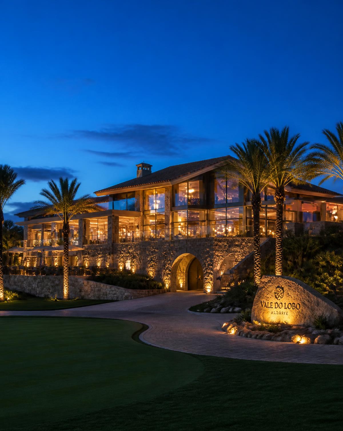 Illuminated golf clubhouse in the Algarve at blue hour