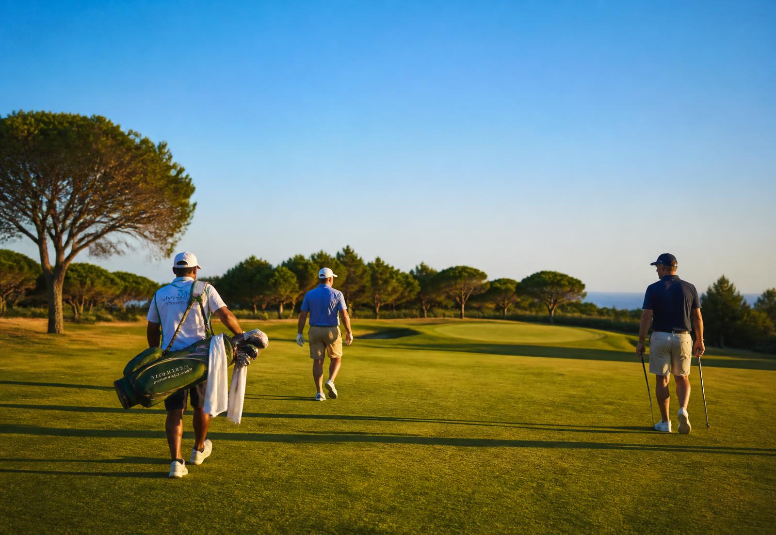 Golfers walking a coastal fairway in Portugal
