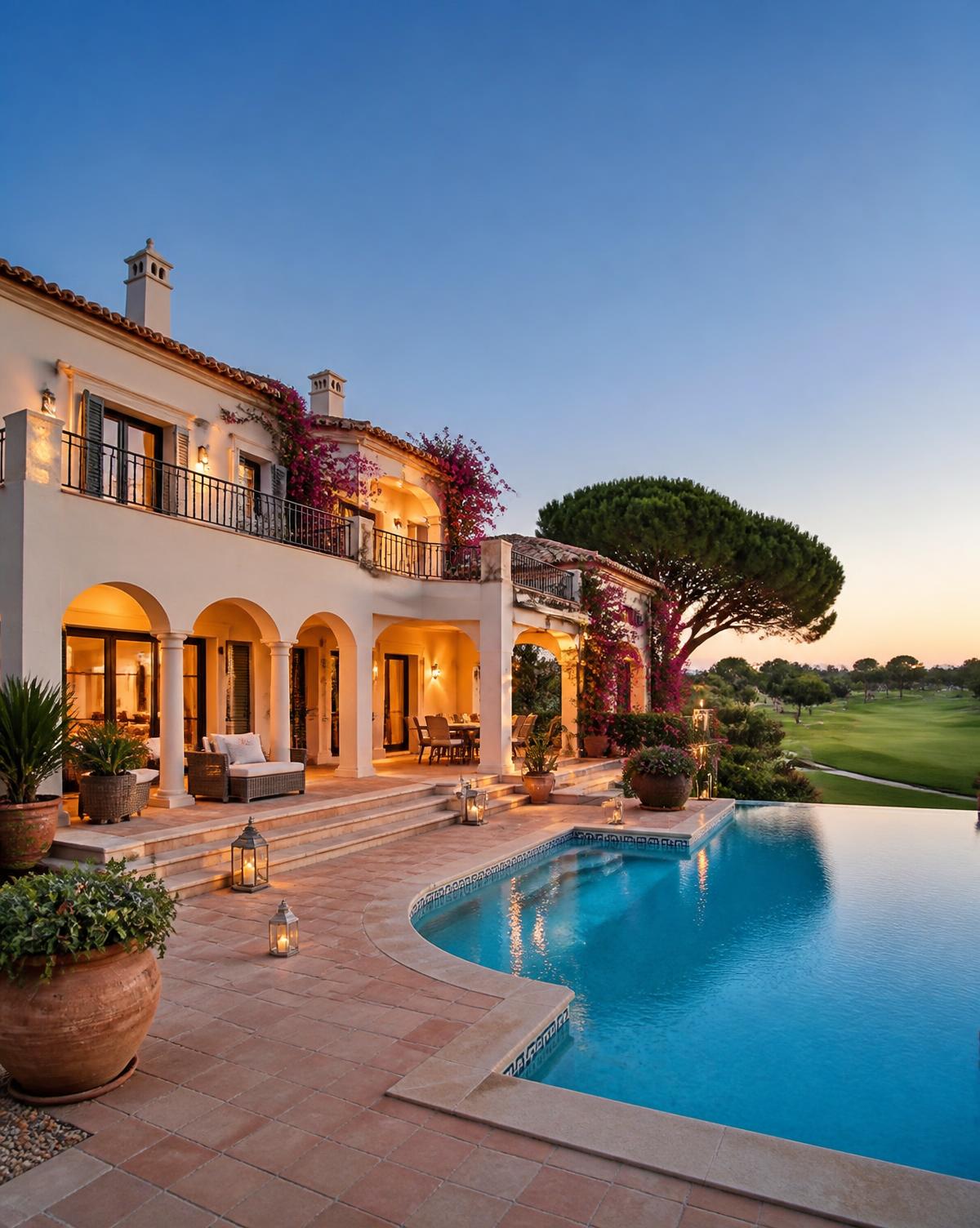 Traditional Portuguese villa beside a golf course at dusk